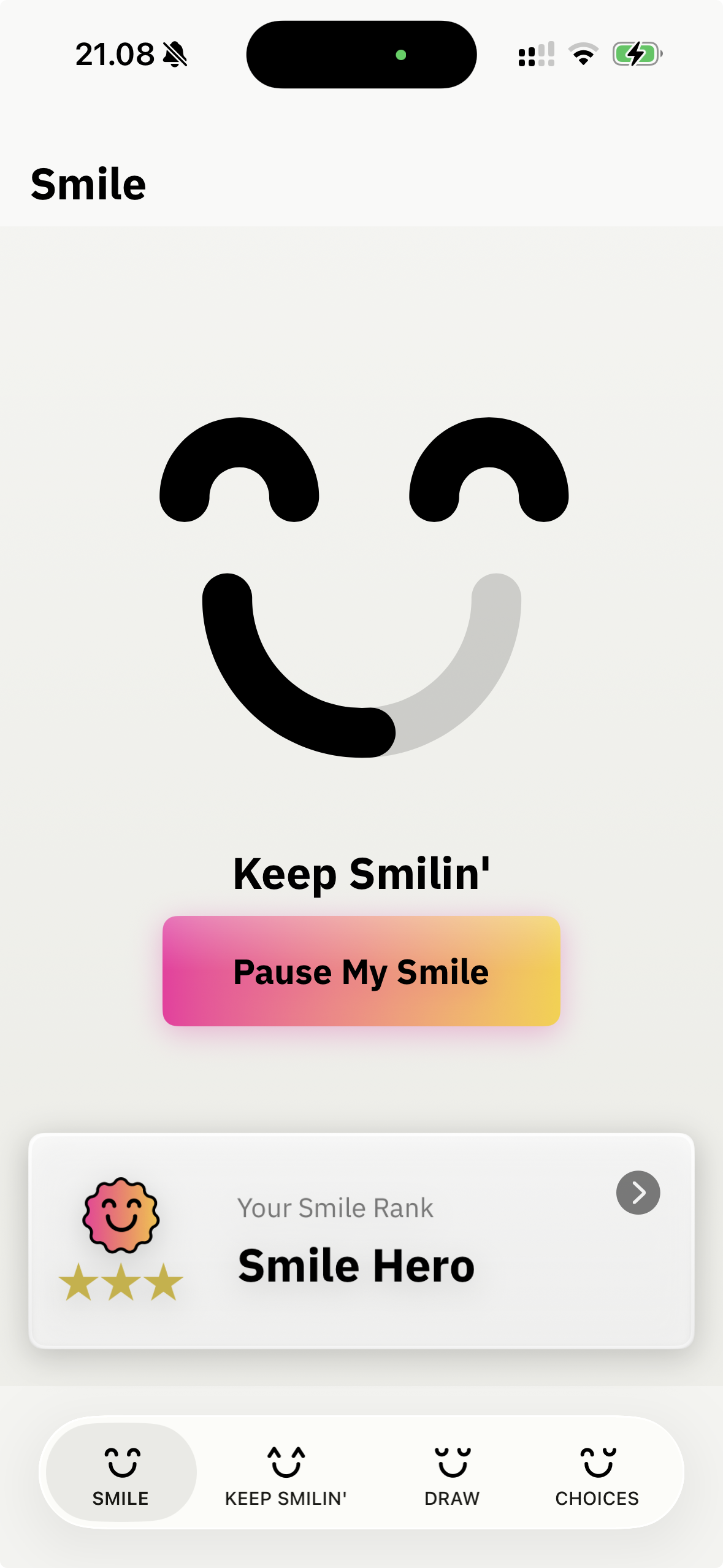 KeepSmilin' home screen with smile tracker
